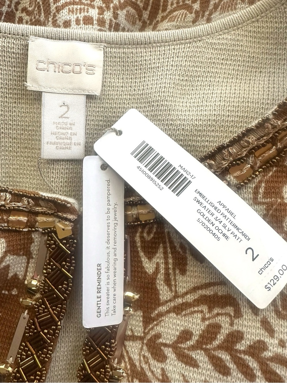 Chico’s NWT Embellished Pattern Cardigan Golden Ochre Beaded Knit Size 2 - Picture 9 of 11
